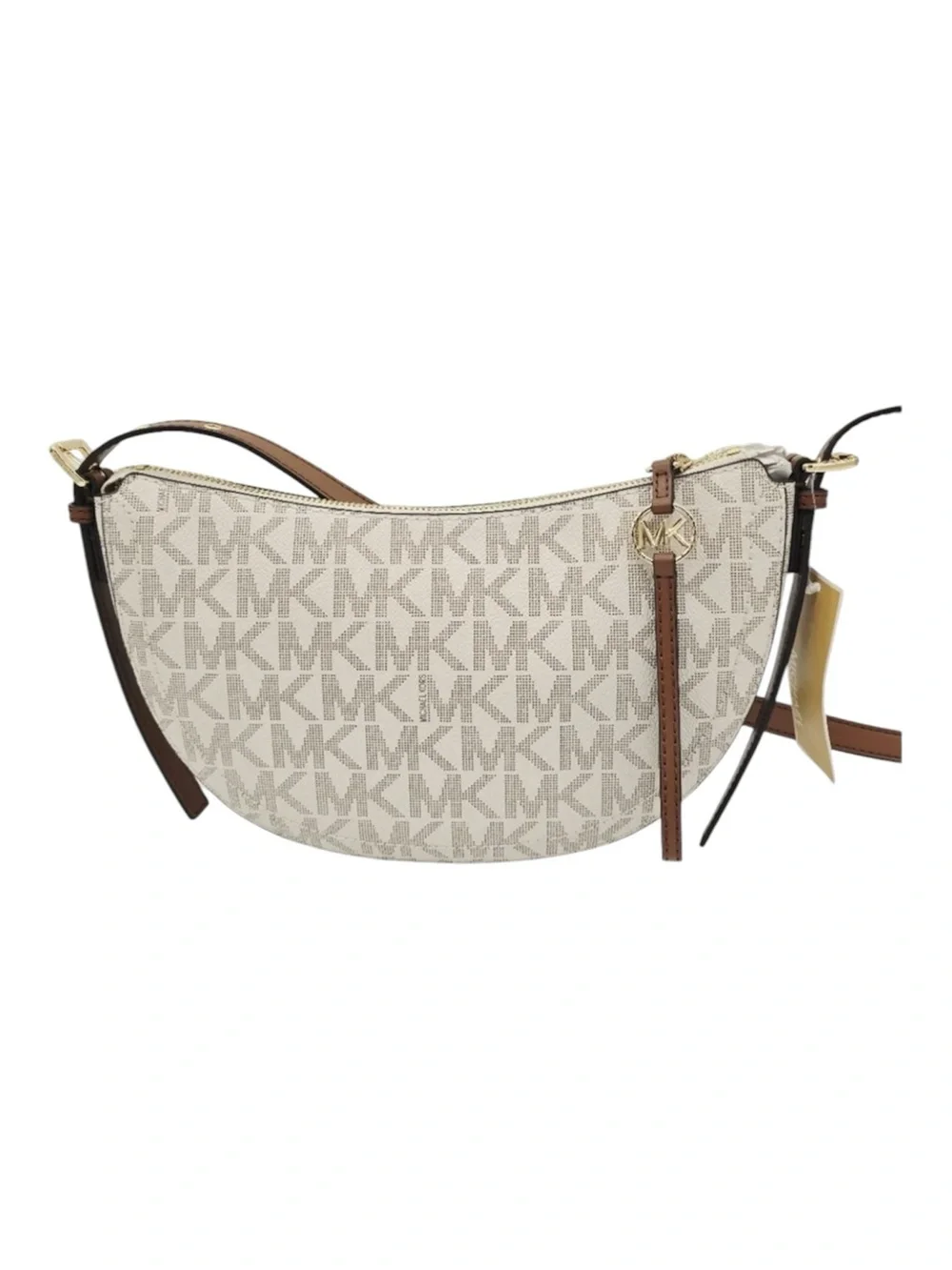 MICHAEL KORS Camden Half Moon Signature Logo Crossbody Bag Color: Vanilla/Acorn